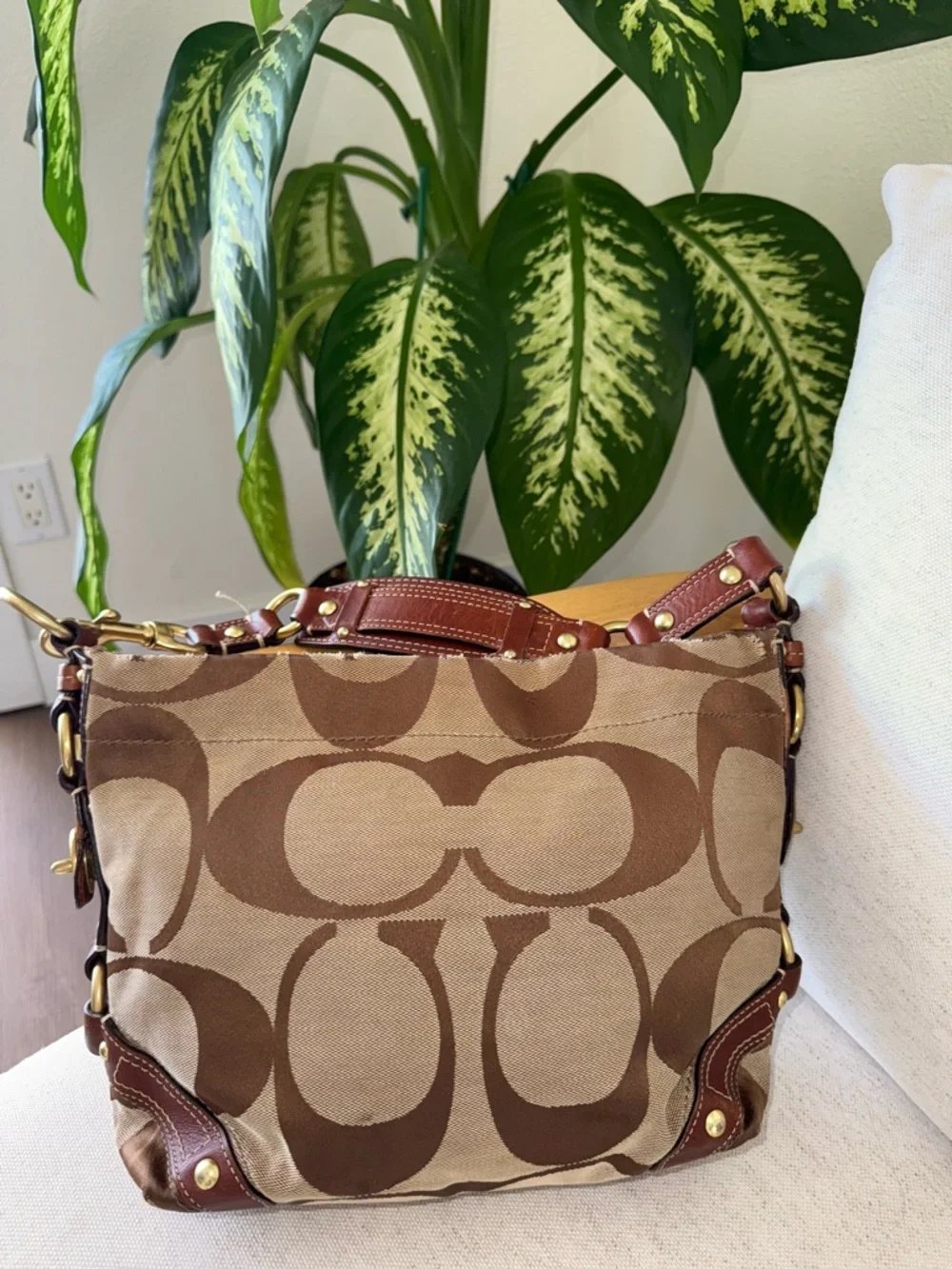 Coach Y2K Vintage Signature Carly Canvas Brown Tan Hobo Shoulder HandBag #10619